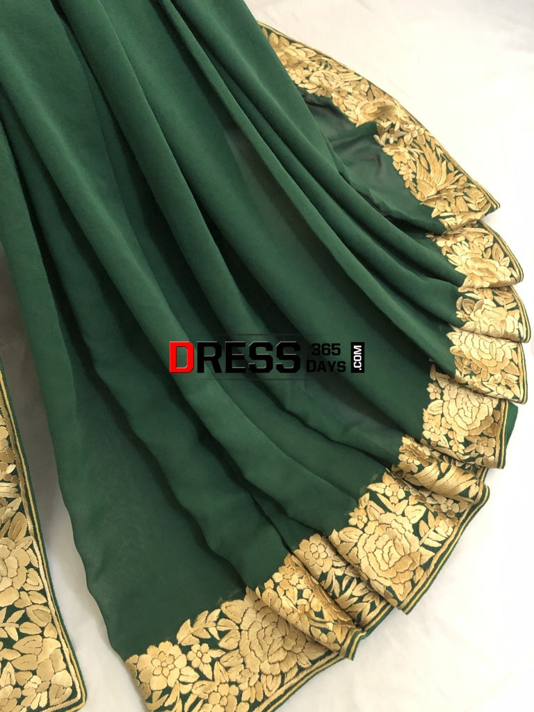Bottle Green & Gold Hand Embroidered Parsi Gara Saree