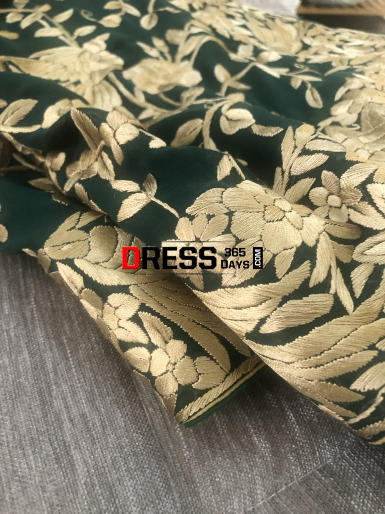 Bottle Green & Gold Hand Embroidered Parsi Gara Saree