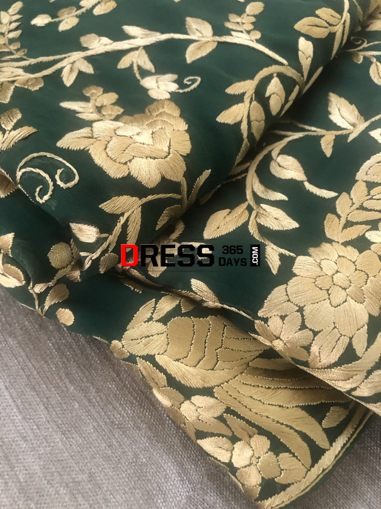 Bottle Green & Gold Hand Embroidered Parsi Gara Saree