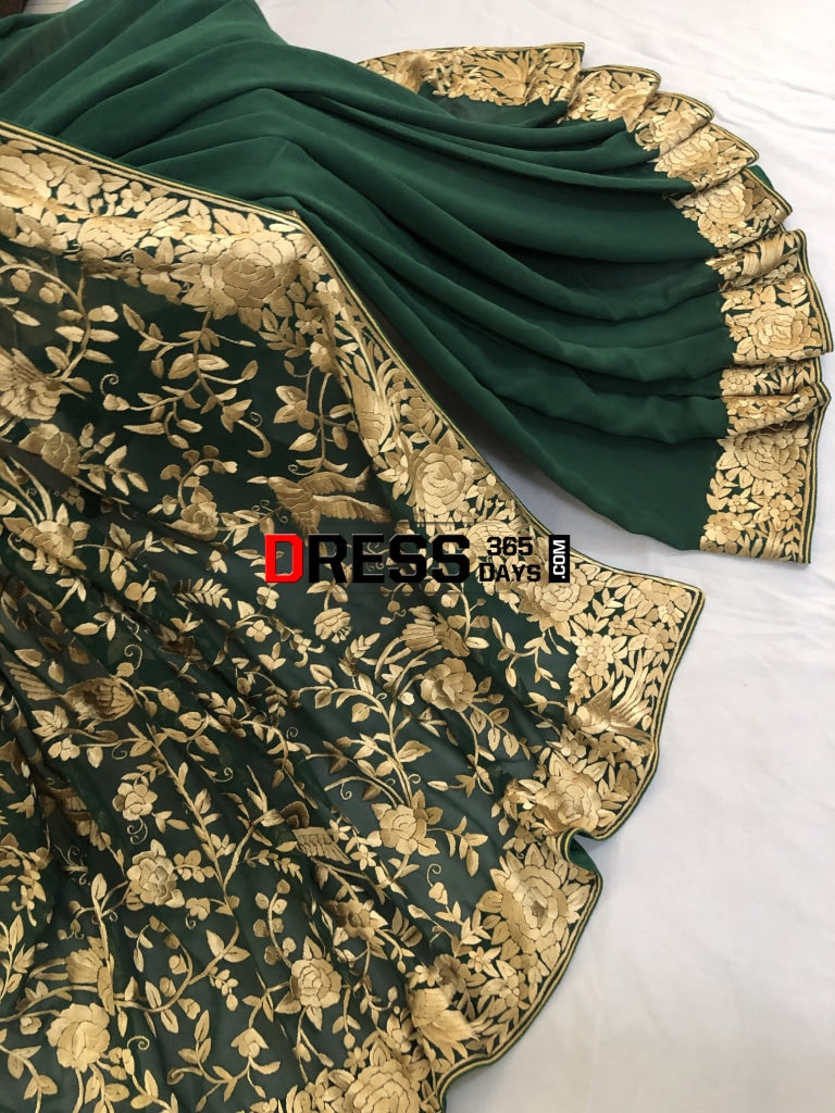Bottle Green & Gold Hand Embroidered Parsi Gara Saree