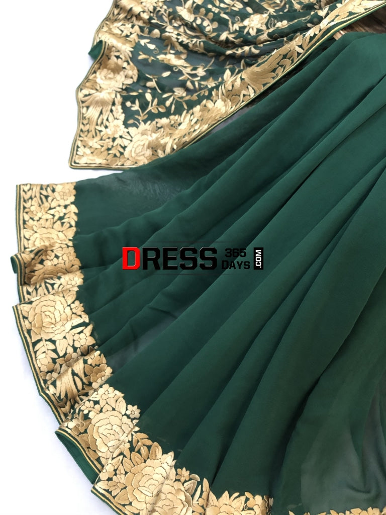 Bottle Green & Gold Hand Embroidered Parsi Gara Saree