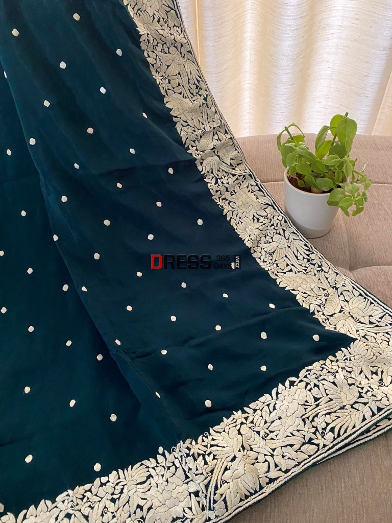 Bottle Green & Ivory Parsi Gara Saree