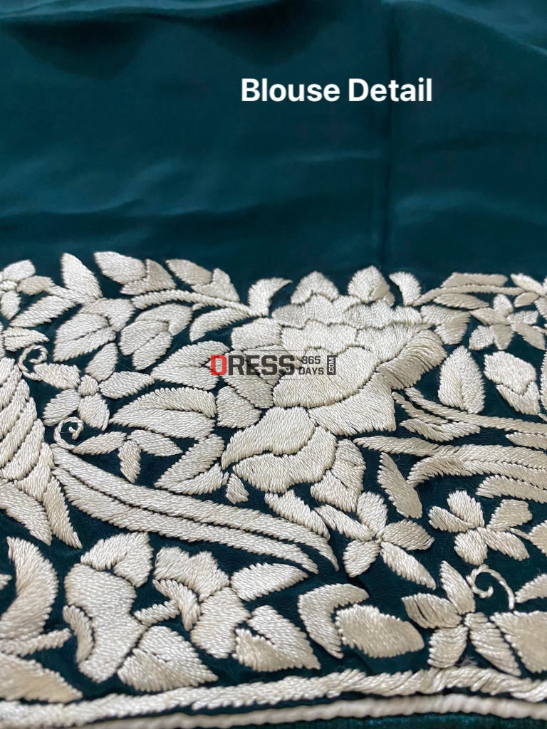 Bottle Green & Ivory Parsi Gara Saree