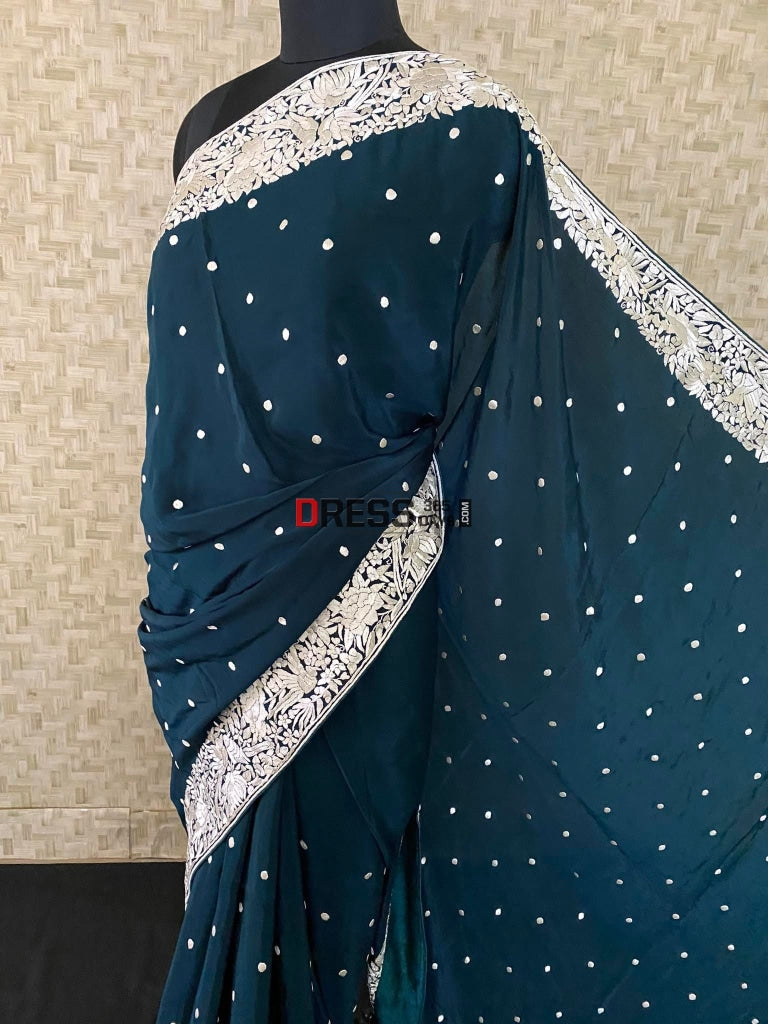 Bottle Green & Ivory Parsi Gara Saree