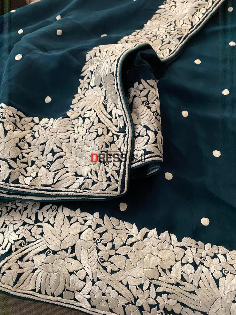 Bottle Green & Ivory Parsi Gara Saree