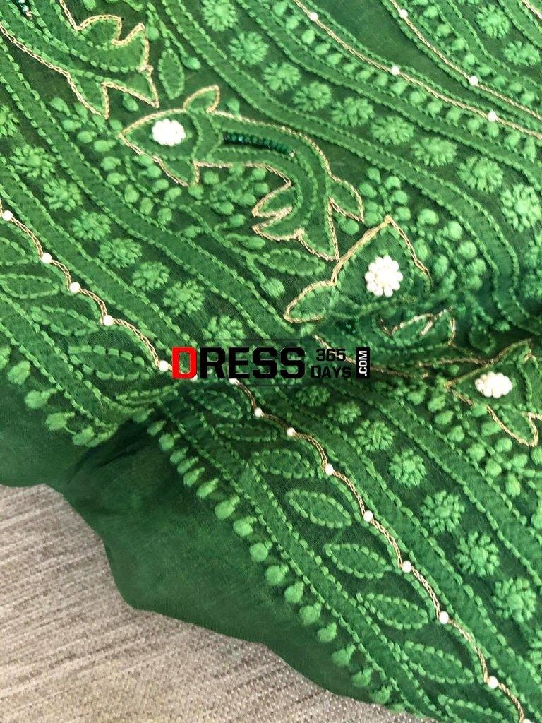 Bottle Green Organza Beads Chikankari Suit With Heavy Banarasi Dupatta