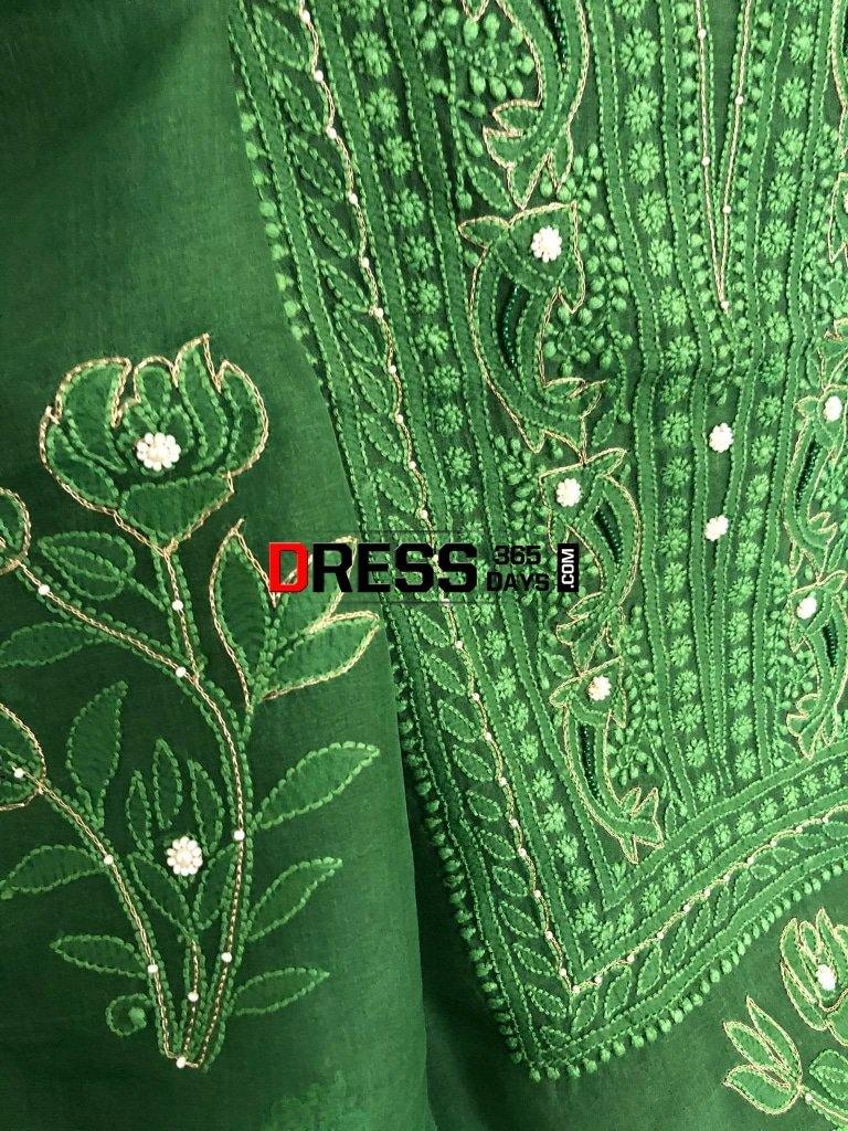 Bottle Green Organza Beads Chikankari Suit With Heavy Banarasi Dupatta