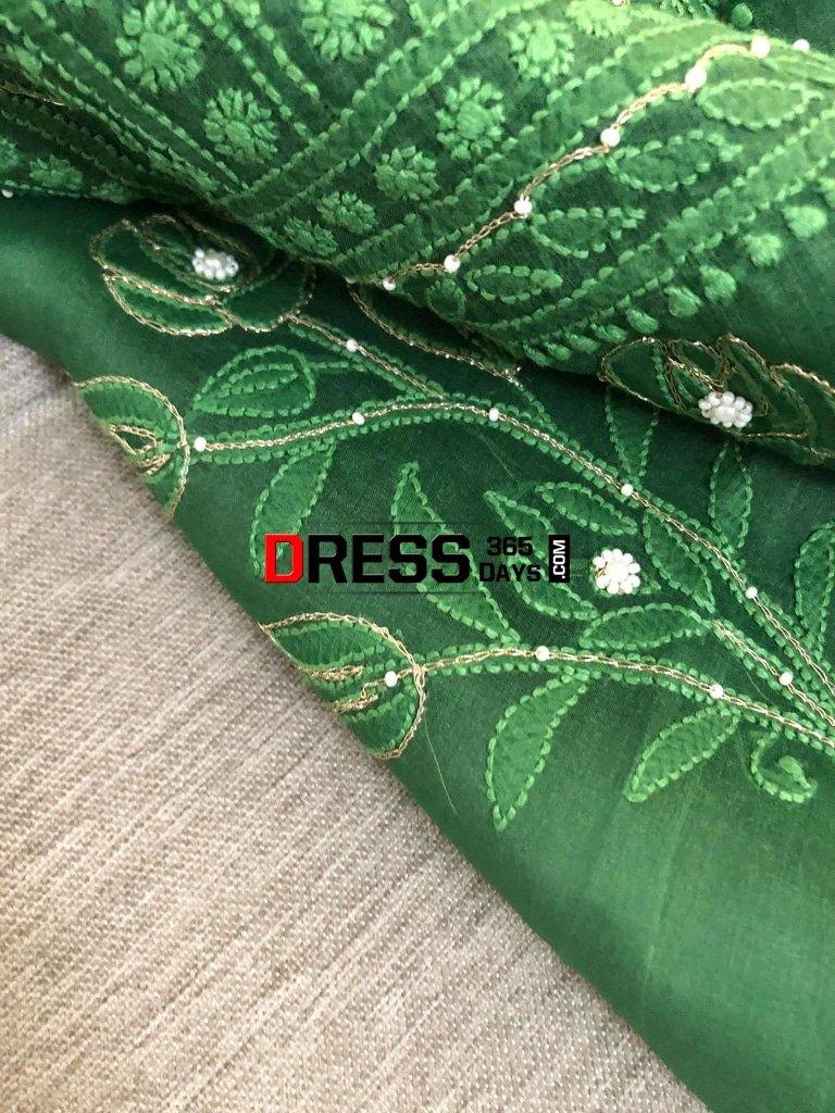 Bottle Green Organza Beads Chikankari Suit With Heavy Banarasi Dupatta