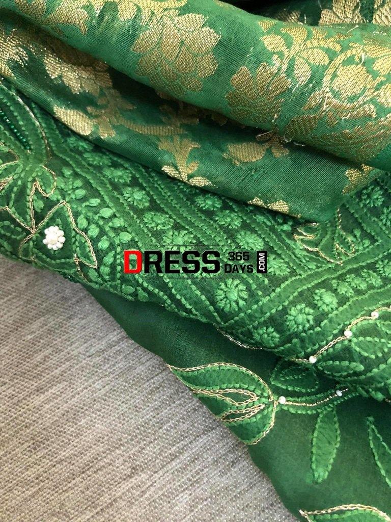Bottle Green Organza Beads Chikankari Suit With Heavy Banarasi Dupatta