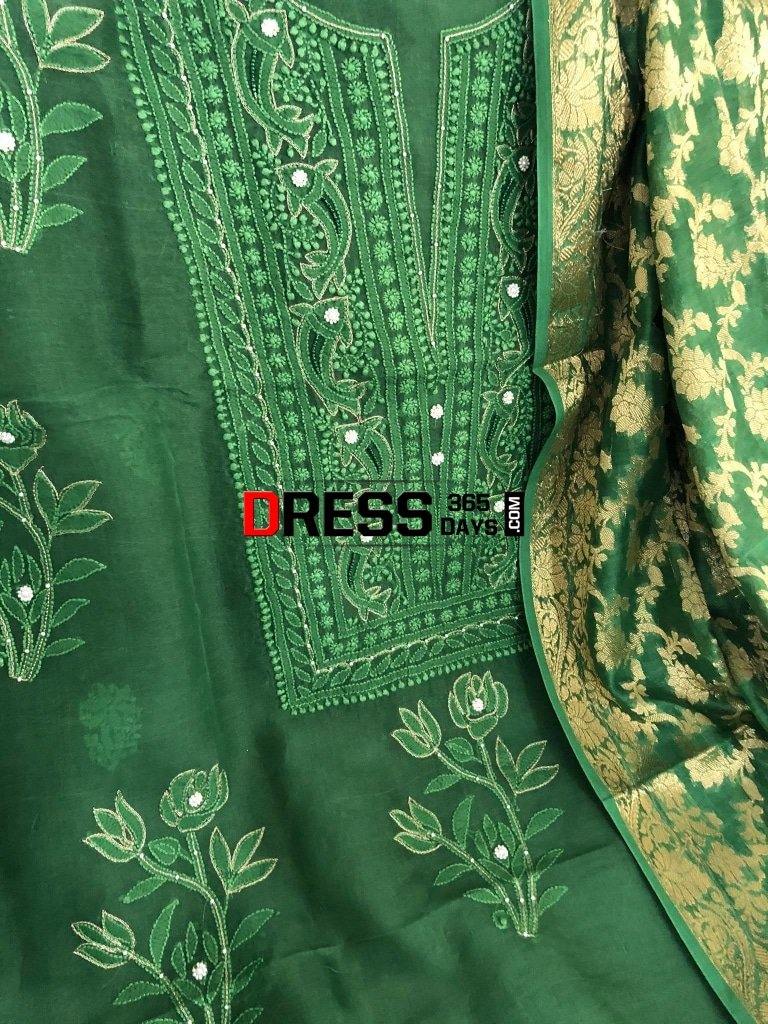Bottle Green Organza Beads Chikankari Suit With Heavy Banarasi Dupatta