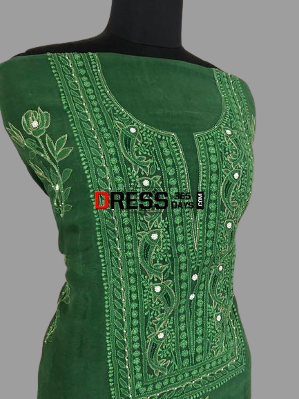 Bottle Green Organza Beads Chikankari Suit with Heavy Banarasi Dupatta - Dress365days