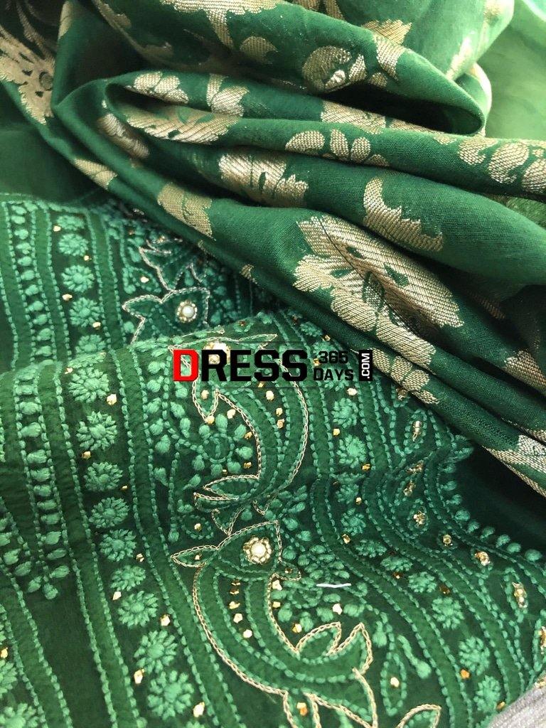 Bottle Green Organza Beads Chikankari Suit With Heavy Banarasi Dupatta Suits