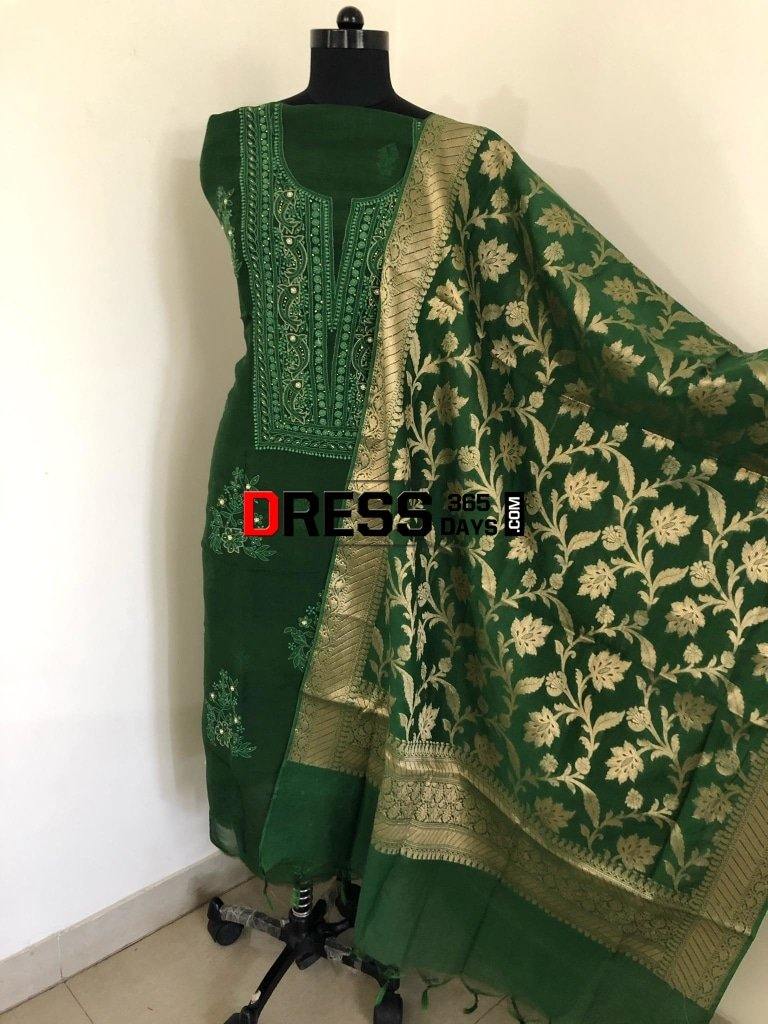 Bottle Green Organza Beads Chikankari Suit With Heavy Banarasi Dupatta Suits