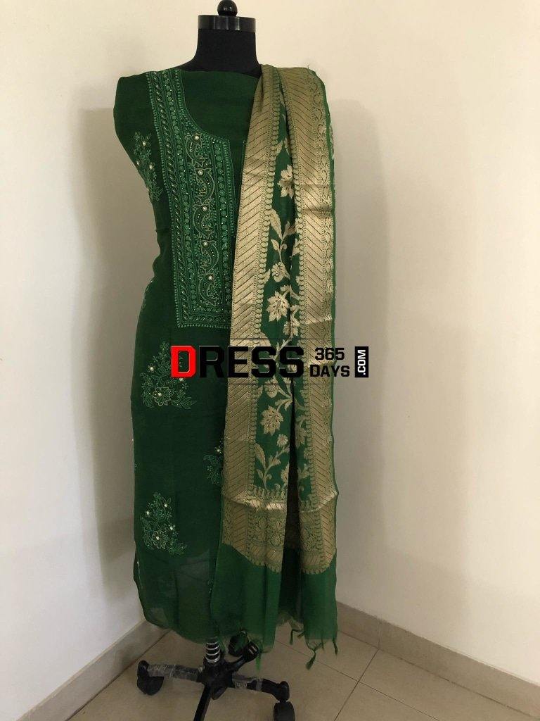 Bottle Green Organza Beads Chikankari Suit With Heavy Banarasi Dupatta Suits