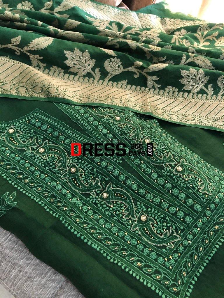 Bottle Green Organza Beads Chikankari Suit With Heavy Banarasi Dupatta Suits
