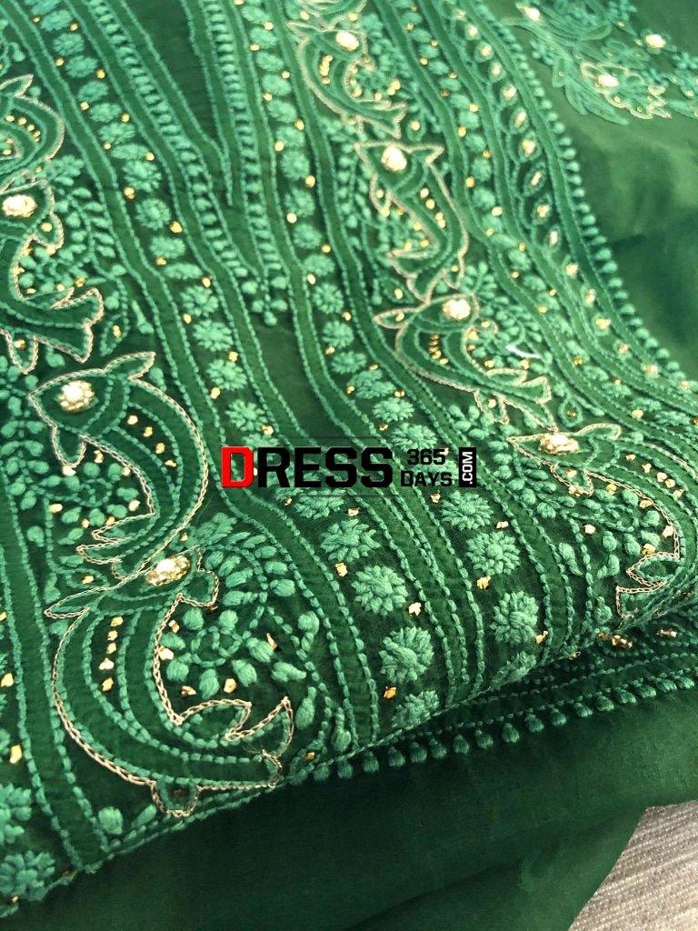 Bottle Green Organza Beads Chikankari Suit With Heavy Banarasi Dupatta Suits