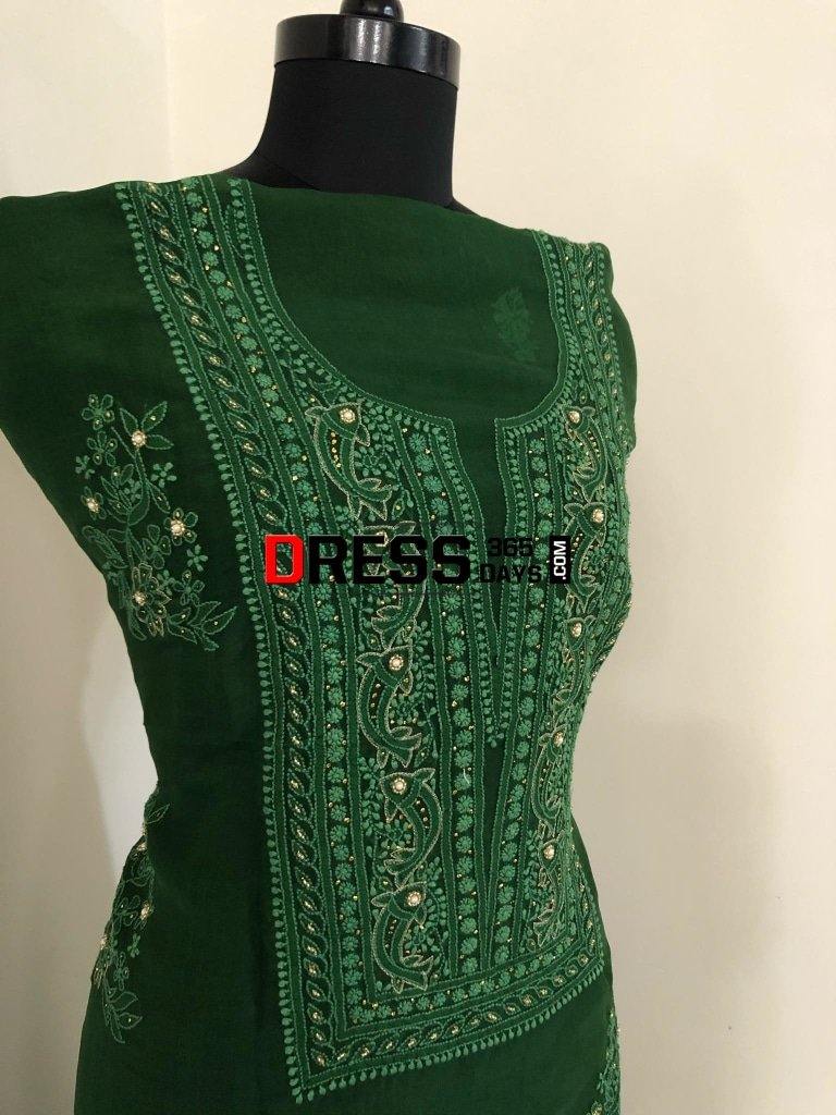 Bottle Green Organza Beads Chikankari Suit With Heavy Banarasi Dupatta Suits