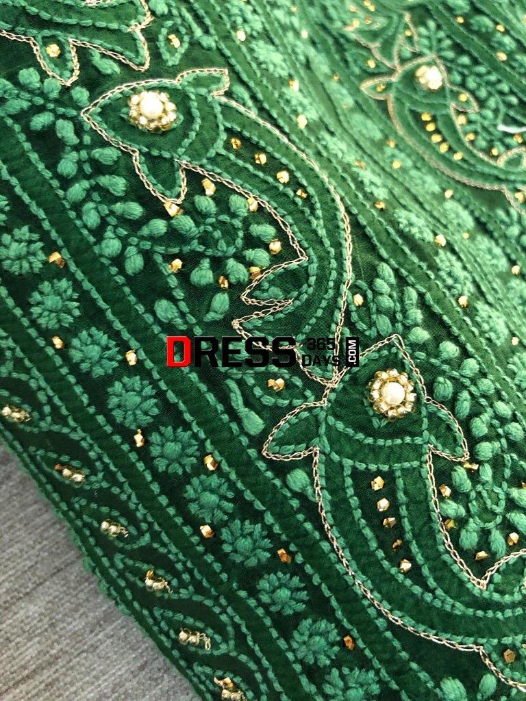 Bottle Green Organza Beads Chikankari Suit With Heavy Banarasi Dupatta Suits