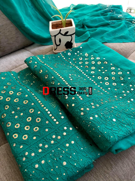 Bottle Green Ring Mukaish Lucknow Chikankari Suit Suits