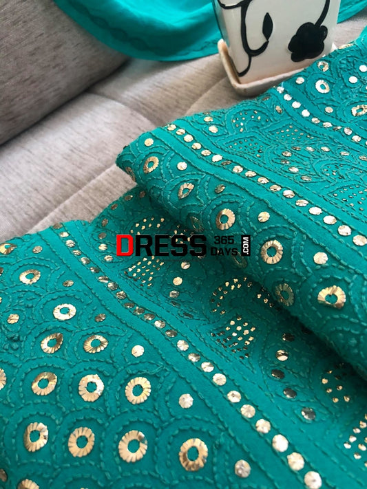 Bottle Green Ring Mukaish Lucknow Chikankari Suit Suits