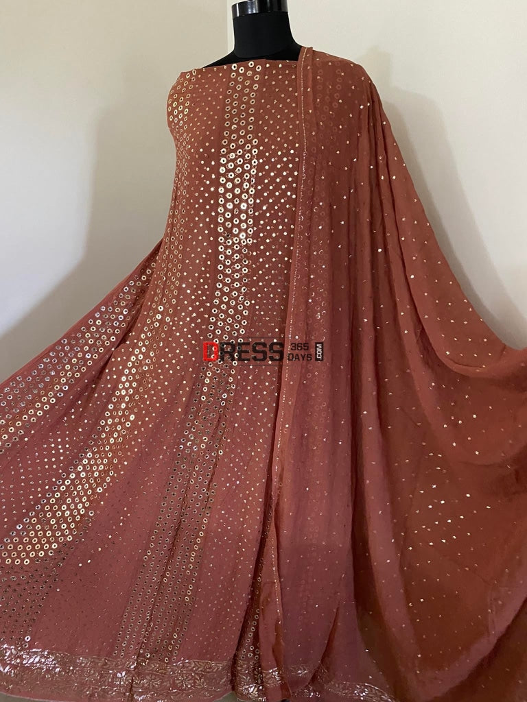 Brown Ring Mukaish Anarkali Suit Chikankari