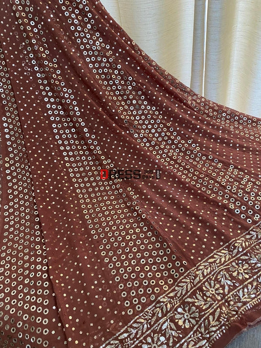 Brown Ring Mukaish Anarkali Suit Chikankari