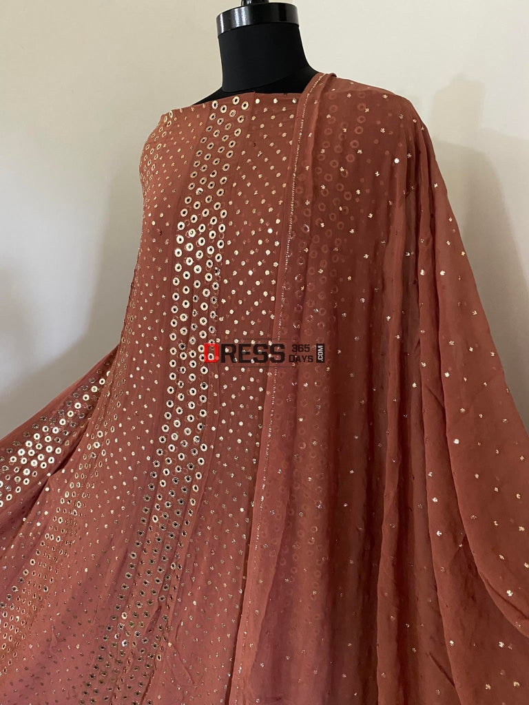 Brown Ring Mukaish Anarkali Suit Chikankari