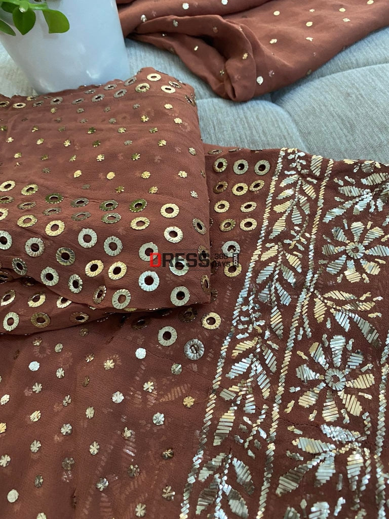 Brown Ring Mukaish Anarkali Suit Chikankari