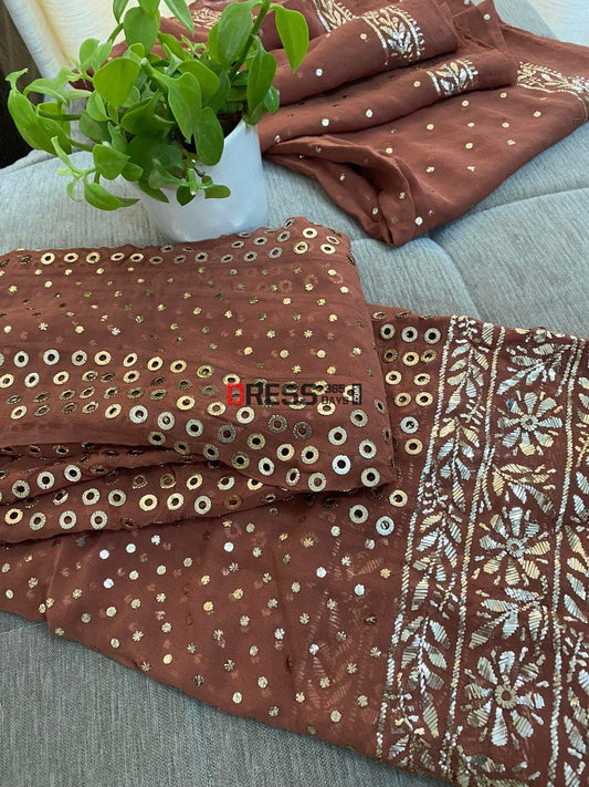 Brown Ring Mukaish Anarkali Suit Chikankari