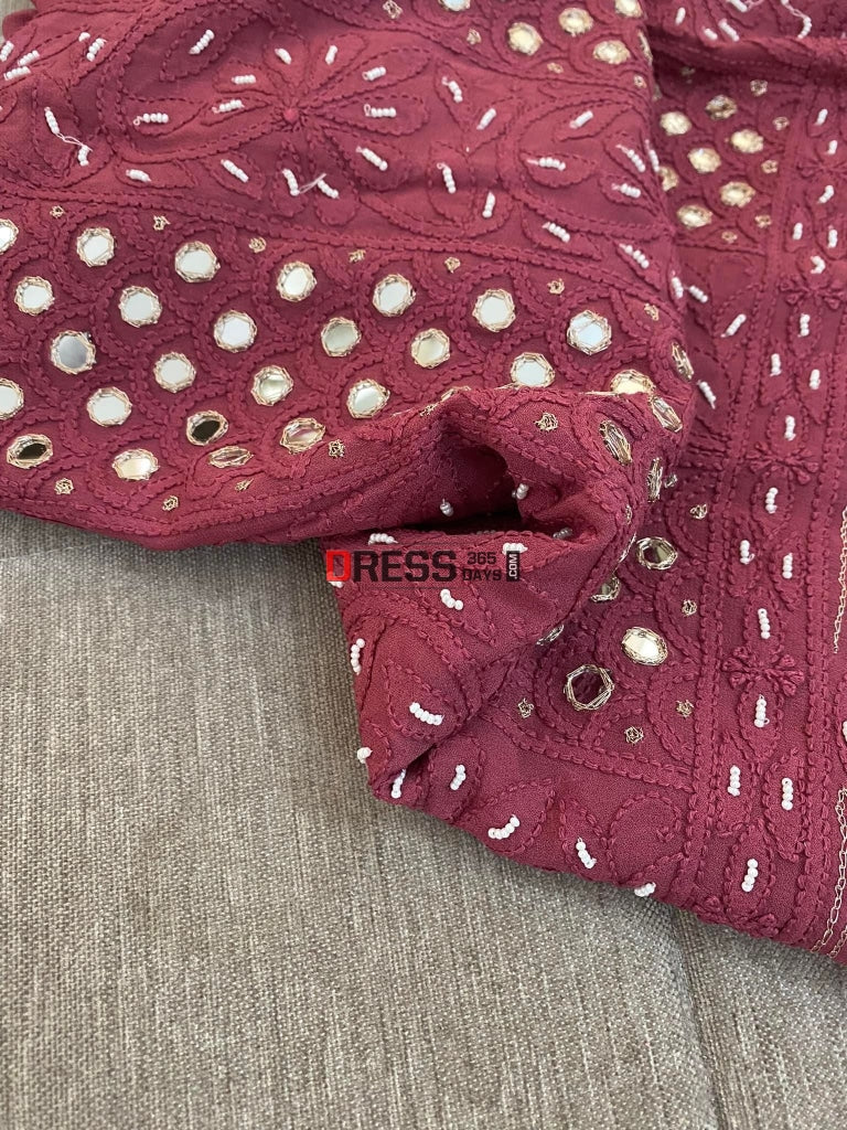 Burgundy Mirror & Pearl Chikankari Suit Suits