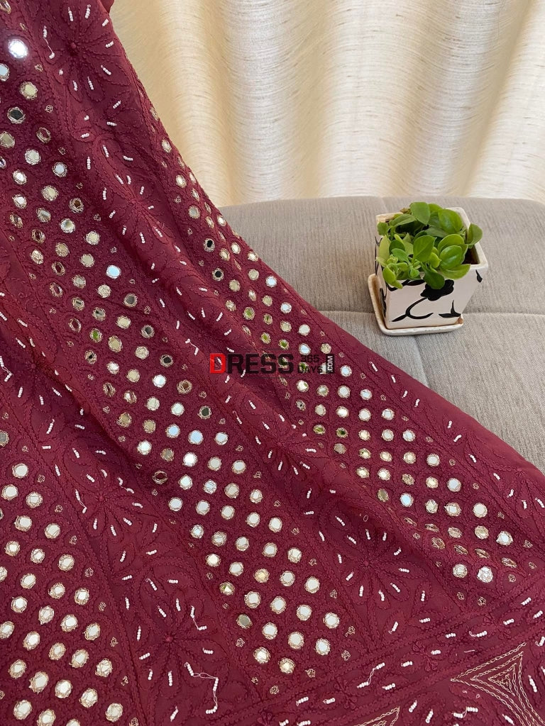 Burgundy Mirror & Pearl Chikankari Suit Suits