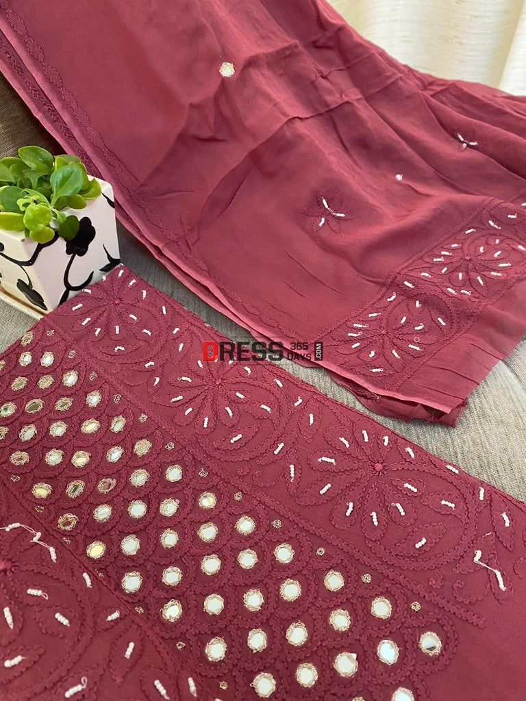 Burgundy Mirror & Pearl Chikankari Suit Suits