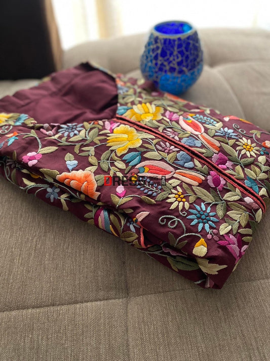 Burgundy Parsi Gara Crepe Silk Jacket Women