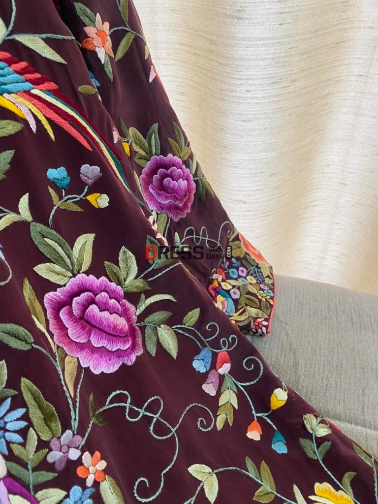 Burgundy Parsi Gara Crepe Silk Jacket Women