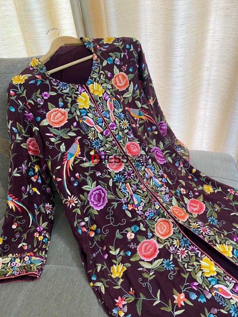 Burgundy Parsi Gara Crepe Silk Jacket Women