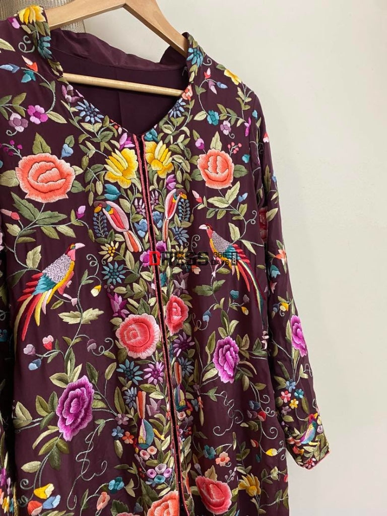 Burgundy Parsi Gara Crepe Silk Jacket Women