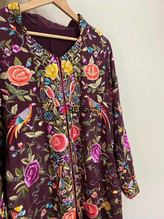 Burgundy Parsi Gara Crepe Silk Jacket Women
