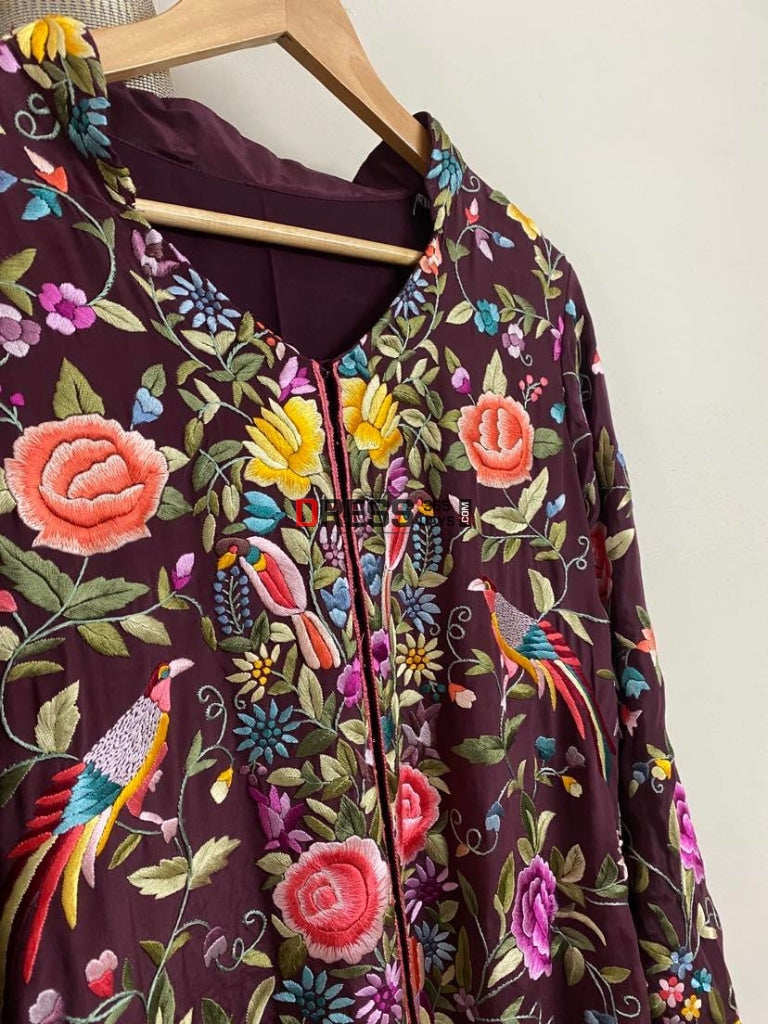 Burgundy Parsi Gara Crepe Silk Jacket Women