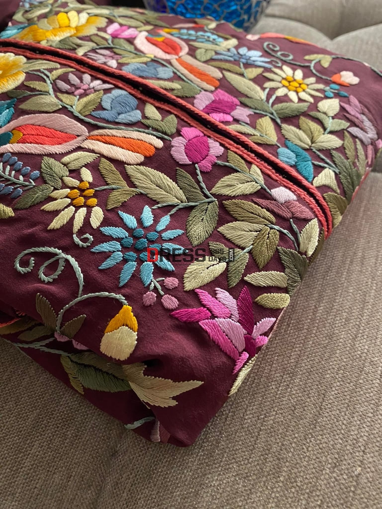 Burgundy Parsi Gara Crepe Silk Jacket Women