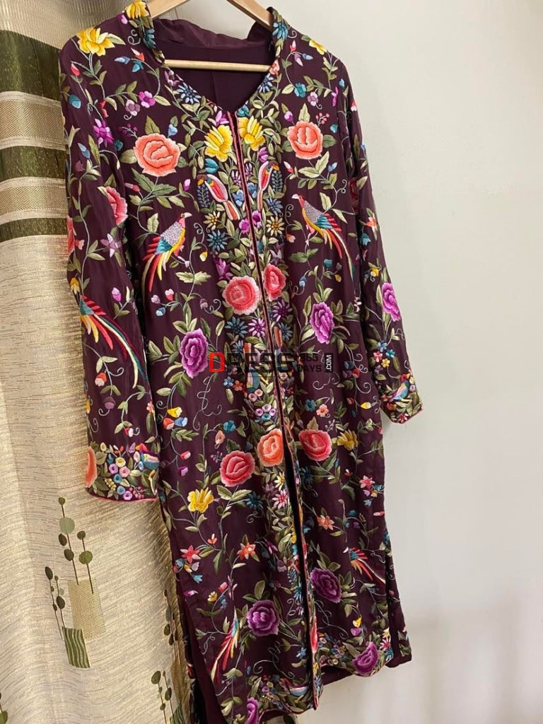 Burgundy Parsi Gara Crepe Silk Jacket Women