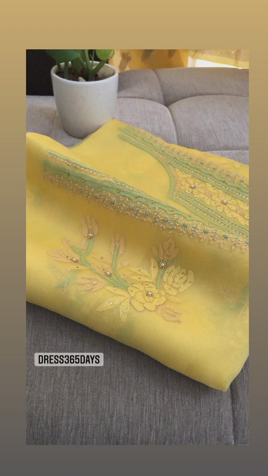 Yellow Organza Pearl Chikankari Suit
