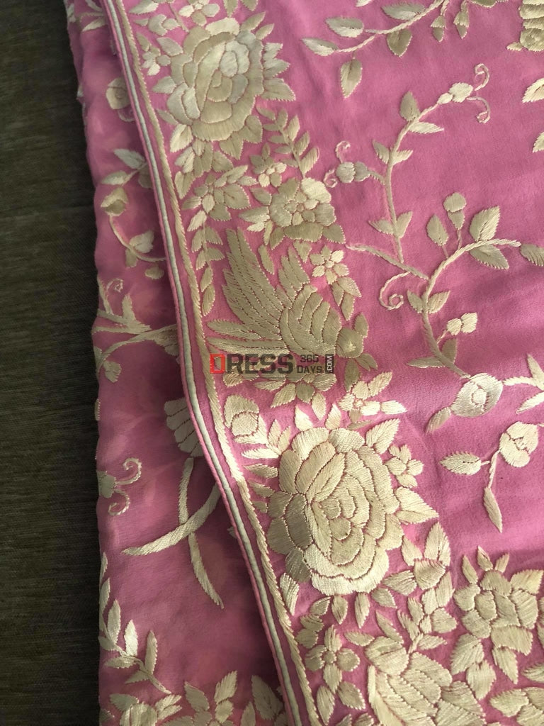 Candy Pink & Ivory Parsi Gara Hand Embroidered Saree