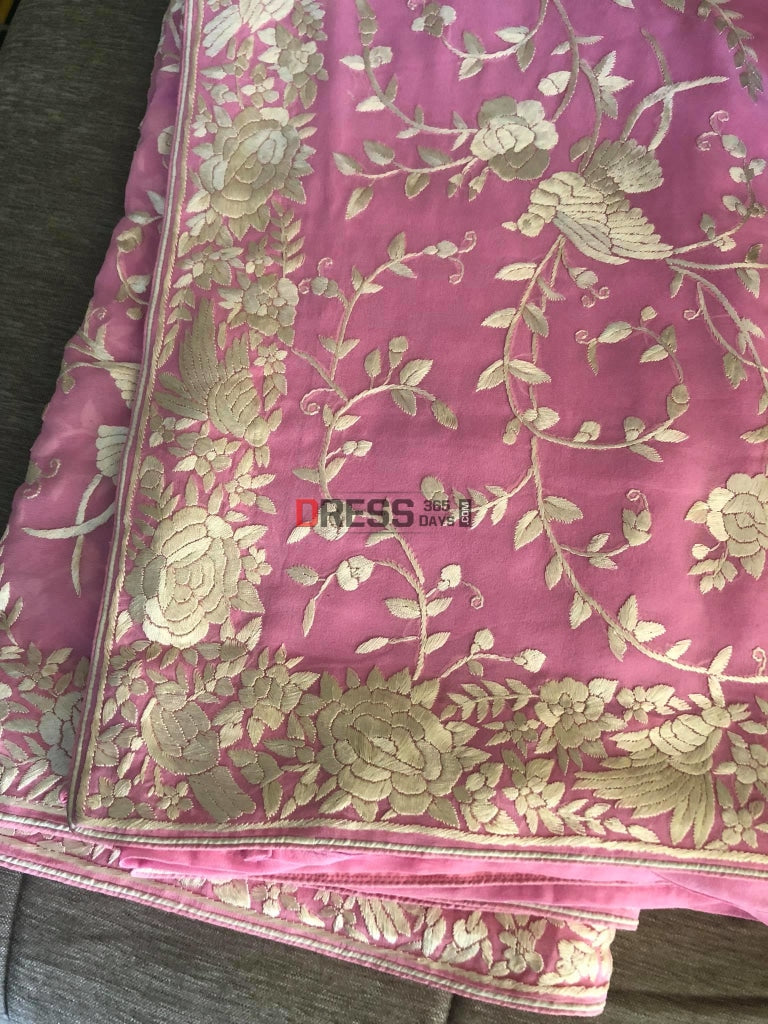 Candy Pink & Ivory Parsi Gara Hand Embroidered Saree