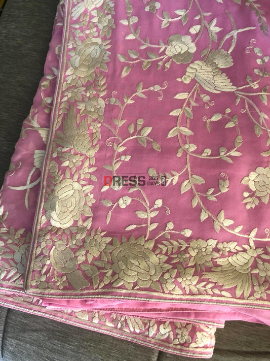 Candy Pink & Ivory Parsi Gara Hand Embroidered Saree
