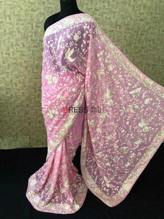 Candy Pink & Ivory Parsi Gara Hand Embroidered Saree