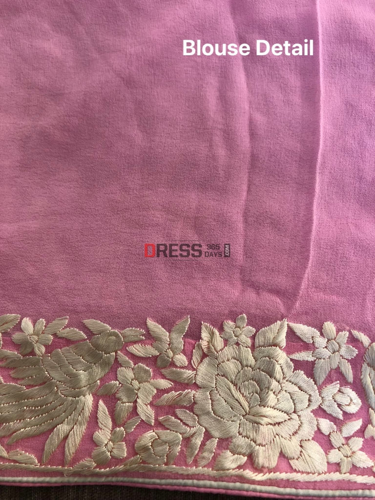 Candy Pink & Ivory Parsi Gara Hand Embroidered Saree