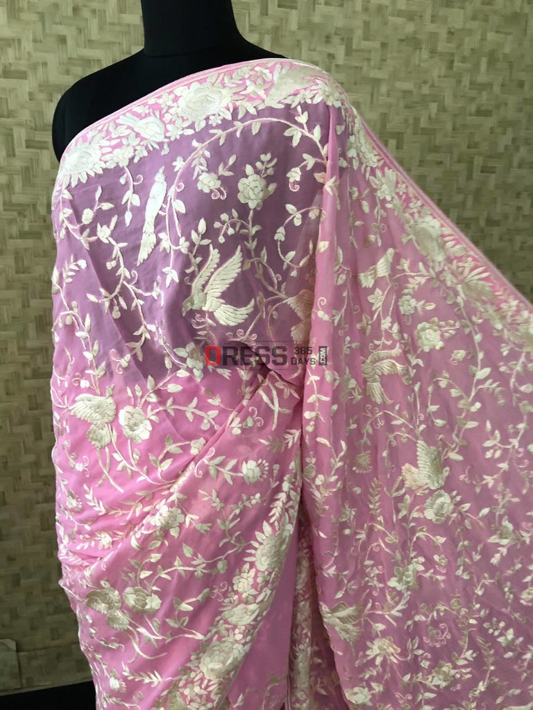 Candy Pink & Ivory Parsi Gara Hand Embroidered Saree