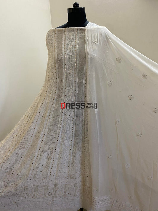 Chikankari Anarkali Suit With Mukaish/kamdani And Pearl