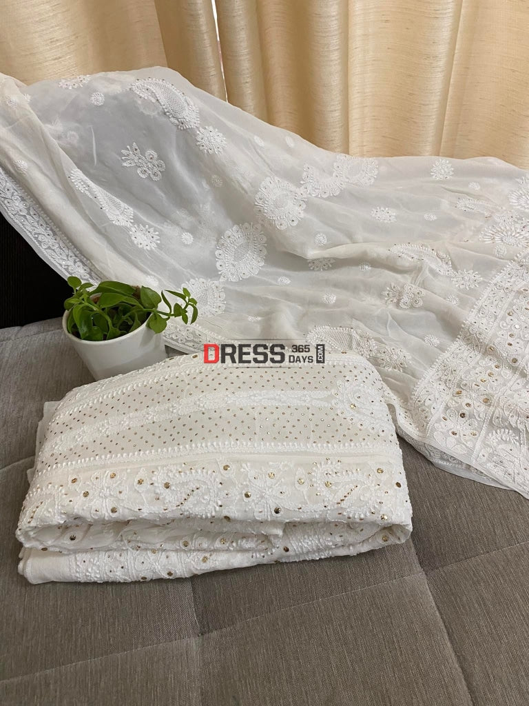 Chikankari Kamdani Anarkali & Hand Jaali Dupatta Suit Set