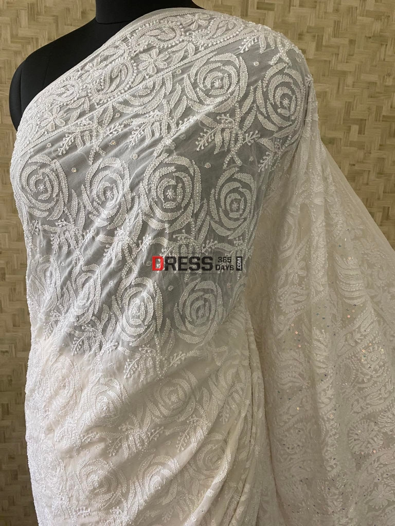 Chikankari & Pearl Cut Dana Hand Embroidered Saree